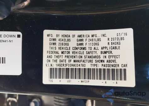 2017 Honda Accord Ex-L V6 из США, поврежденный, VIN 1HGCR3F00HA004780